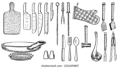 Set of kitchen utensils. Kitchen tools. Hand-drawn dishes and cutlery. Cooking tools for home and restaurant. Vector illustration on white background. Knives, cutting board, grabbing, cutlery 
