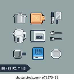 set of kitchen utensils tools icons, pixel art style 32x32 pixels resolution vector illustration.