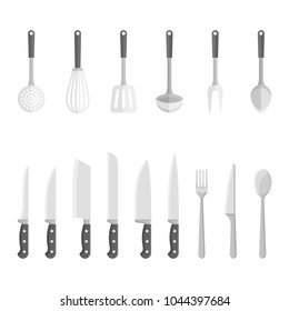 Set of kitchen utensils, tools isolated on white background. Knives, spoons, forks, spatula and etc. Flat style vector illustration.