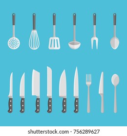 Set of kitchen utensils, tools isolated on blue background. Knives, spoons, forks, spatula and etc. Flat style vector illustration.