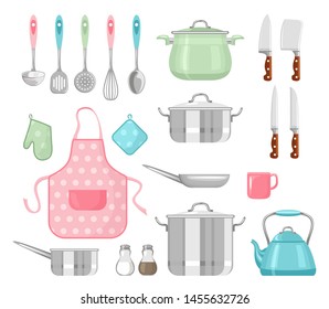 Set of kitchen utensils. Vector illustration of frying pan, saucepan, apron, oven mitts, knife, spoon, spatula, teapot and cup isolated on white background. Cooking Tools in cartoon simple flat style.
