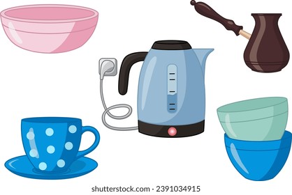 Set of Kitchen Utensils. Vector Illustration of Electric Kettle, Plates, Coffee Pot, and Cup and Saucer