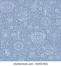 Set of Kitchen utensils. Vector seamless background. Seamless pattern can be used for wallpaper, pattern fills, web page background, surface textures.