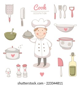 Set of kitchen utensils set with a very cute cook. EPS 10. No transparency. No gradients.