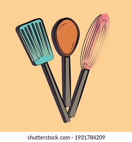 Set Of Kitchen Utensils Whisk, Spatula, Spoon Hand Drawing Symbol Outline Icon On Light Background. Vector