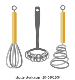 Set of kitchen utensils, whisks. Hand drawn vector illustration isolated on white. Flat color design.