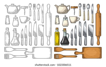 Set kitchen utensils. Wood cutting board, manual grinder, spade of frying pan, knife, spoon, fork, bottle, corkscrew, shaker, rolling pin. Vector color vintage engraving illustration isolated on white