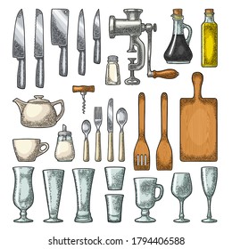 Set kitchen utensils. Wood cutting board, manual grinder, glass, spade of frying pan, knife, spoon, fork, bottle, corkscrew, shaker, rolling pin. Vector color vintage engraving isolated on white