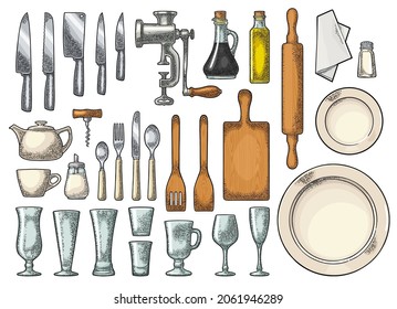 Set kitchen utensils. Wood cutting board, manual grinder, glass, spade of frying pan, knife, spoon, fork, bottle, corkscrew, shaker, plate, serviette. Vector color vintage engraving isolated on white