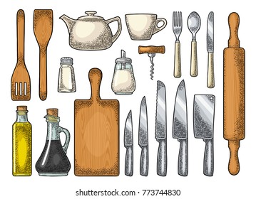 Set kitchen utensils. Wood cutting board, manual grinder, spade of frying pan, knife, spoon, fork, bottle, corkscrew, shaker, rolling pin. Vector color vintage engraving illustration isolated on white