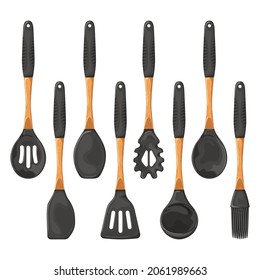 Set of kitchen utensils with wooden handles.