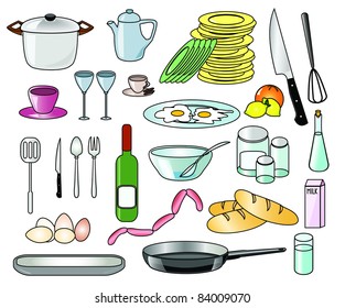 Set of kitchen vector tools, food and beverages