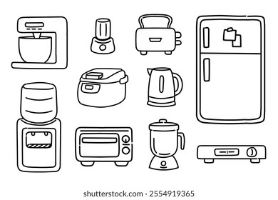 set of kitchen ware, cooking ware, hand drawn tableware doodle vector illustrations