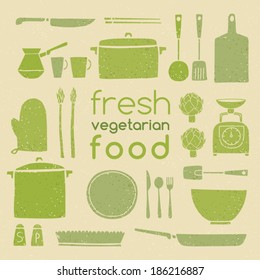 Set of kitchen ware.  Fresh vegetarian food. Retro plates and dishes. Cute kitchen collection.