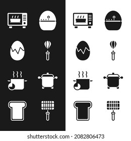 Set Kitchen whisk, Broken egg, Microwave oven, timer, Cooking pot, Barbecue steel grid and Bread toast icon. Vector