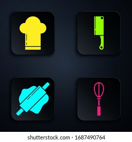 Set Kitchen whisk , Chef hat , Rolling pin  and Meat chopper . Black square button. Vector