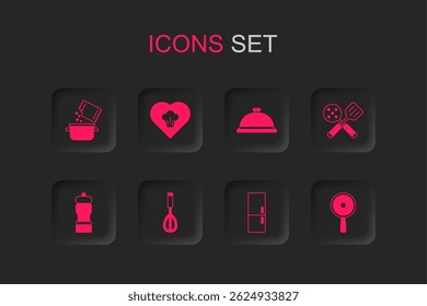 Set Kitchen whisk, Chef hat, Cooking pot and spice, Refrigerator, Spatula, Frying pan, Covered with tray of food and Pepper icon. Vector