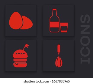 Set Kitchen whisk , Chicken egg , Glass bottle with milk and glass  and Burger  icon. Vector
