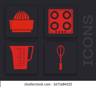 Set Küche Whisk , Zitrusfruchtsaft , Gasherd und Messbecher Ikone. Vektorillustration