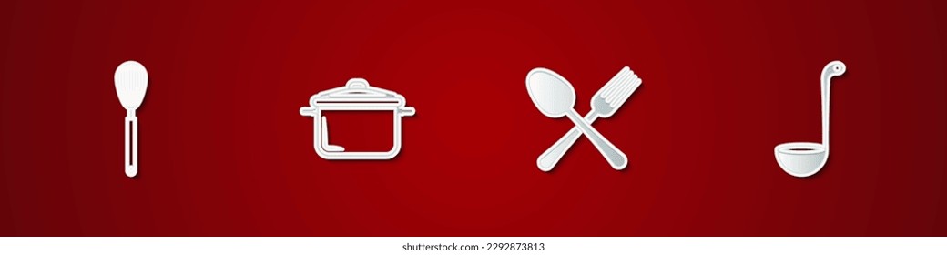 Set Kitchen whisk, Cooking pot, Crossed fork and spoon and ladle icon. Vector