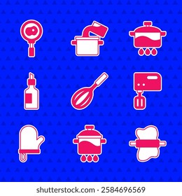 Set Kitchen whisk, Cooking pot, Rolling pin on dough, Electric mixer, Oven glove, Bottle of olive oil,  and Fried eggs frying pan icon. Vector