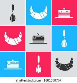 Set Kitchen whisk , Croissant  and Stack of pancakes  icon. Vector