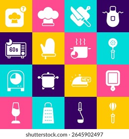 Set Kitchen whisk, Cutting board, Spatula, and knife, Oven glove, Microwave oven, Chef hat and Cooking pot icon. Vector