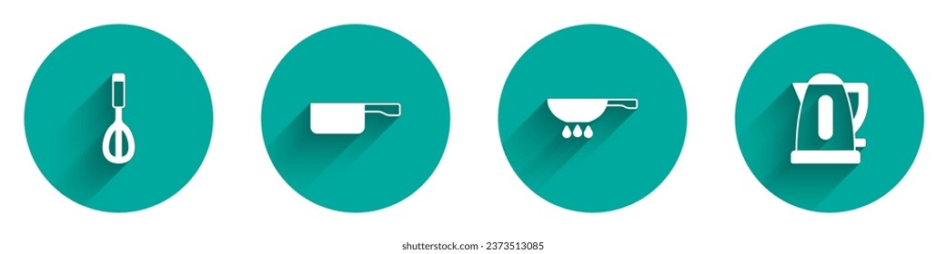 Set Kitchen whisk, Frying pan, on fire and Electric kettle icon with long shadow. Vector