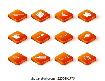 Set Kitchen whisk, Grater, Cooking pot, Spoon, ladle,  and Frying pan icon. Vector
