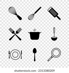 Set Kitchen whisk, Grater, Plate, fork and knife, Spoon, Frying pan, Crossed and Cooking pot icon. Vector