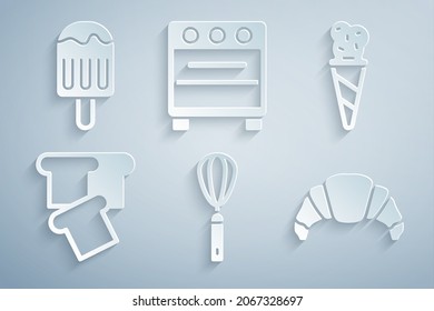 Set Kitchen whisk, Ice cream in waffle cone, Bread toast, Croissant, Oven and  icon. Vector