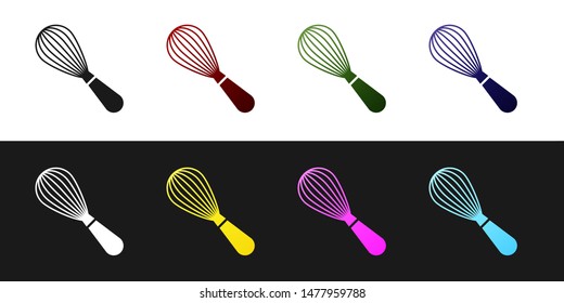 Set Kitchen whisk icon isolated on black and white background. Cooking utensil, egg beater. Cutlery sign. Food mix symbol.  Vector Illustration