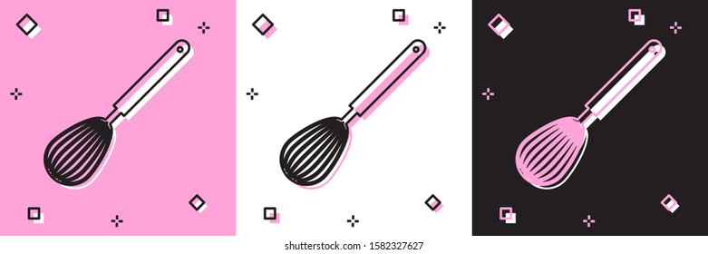 Set Kitchen whisk icon isolated on pink and white, black background. Cooking utensil, egg beater. Cutlery sign. Food mix symbol.  Vector Illustration