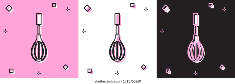 Set Kitchen whisk icon isolated on pink and white, black background. Cooking utensil, egg beater. Cutlery sign. Food mix symbol. Vector.