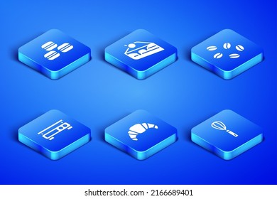 Set Kitchen whisk, Macaron cookie, Croissant, Electronic scales, Piece of cake and Coffee beans icon. Vector