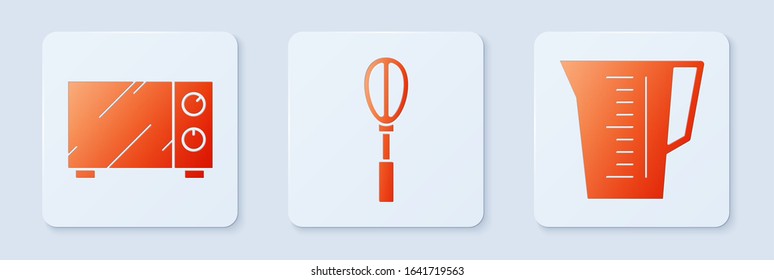 Set Kitchen whisk. Microwave oven and Measuring cup. White square button. Vector.