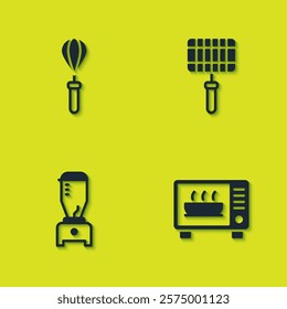 Set Kitchen whisk, Microwave oven, Blender and Barbecue steel grid icon. Vector