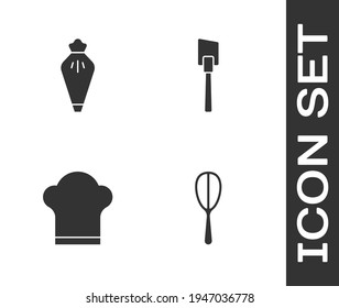 Set Kitchen whisk, Pastry bag, Chef hat and Spatula icon. Vector