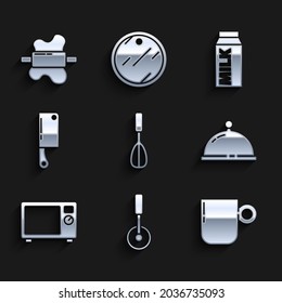 Set Kitchen whisk, Pizza knife, Coffee cup, Covered with tray food, Microwave oven, Meat chopper, Paper package for milk and Rolling pin on dough icon. Vector