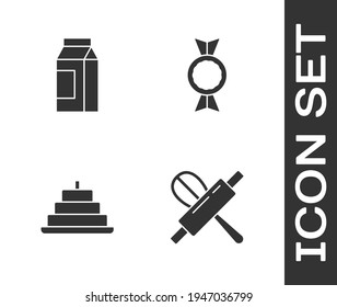 Set Kitchen Whisk And Rolling Pin, Paper Package For Milk, Cake With Burning Candles And Candy Icon. Vector