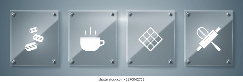 Set Kitchen whisk and rolling pin, Waffle, Coffee cup and Macaron cookie. Square glass panels. Vector