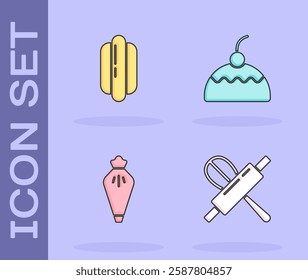 Set Kitchen whisk and rolling pin, Hotdog sandwich, Pastry bag and Cake icon. Vector