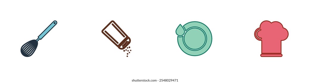 Set Kitchen whisk, Salt and pepper, Washing dishes and Chef hat icon. Vector