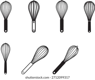 A set of kitchen whisk silhouettes in simple black vector style, ideal for cooking and baking design projects. Isolated on a transparent background
