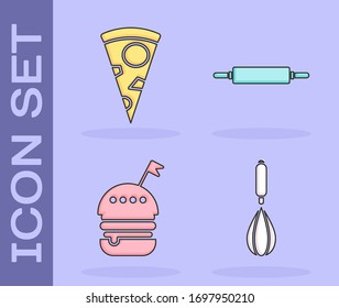 Set Kitchen whisk , Slice of pizza , Burger  and Rolling pin  icon. Vector