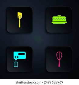Set Kitchen whisk, Spatula, Electric mixer and Cake. Black square button. Vector