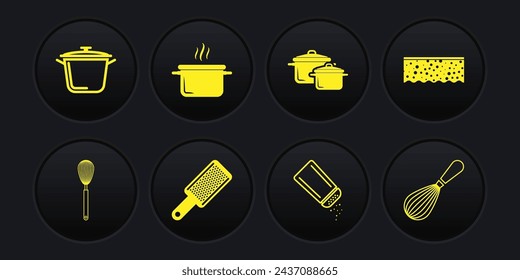 Set Kitchen whisk, Sponge with bubbles, Grater, Salt and pepper, Cooking pot,  and  icon. Vector