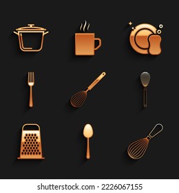 Set Kitchen whisk, Spoon, Grater, Fork, Washing dishes and Cooking pot icon. Vector