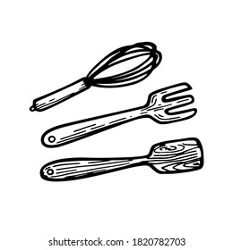 Set of kitchen wooden tools. Line art vector illustration isolated on white background. Cooking utensil. Spatula, fork, culinary whisk for design, labels and logo.