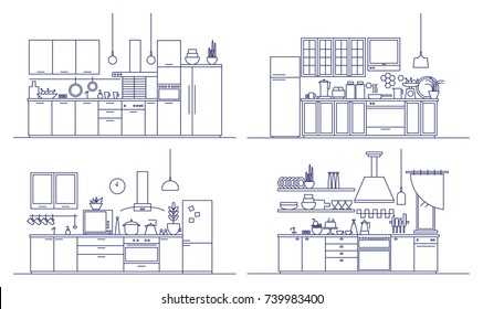 Set of kitchens furnished with modern furniture, household appliances, cooking facilities and home decorations. Bundle of comfy interiors drawn in line art style. Monochrome vector illustration.